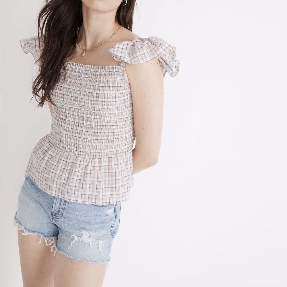 Madewell‎ Seersucker Lucie Smocked Peplum Rainbow Plaid Top 6